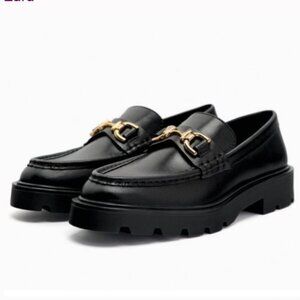 Zara Chunky Lug Sole Loafers Black Gold Bit EU 37 (US 6.5–7)